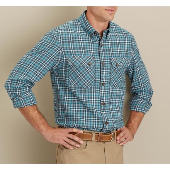 Duluth Mens Free Swingin Wicking Flannel Shirt Size L Blue Button LS Lightweight - Picture 14 of 14